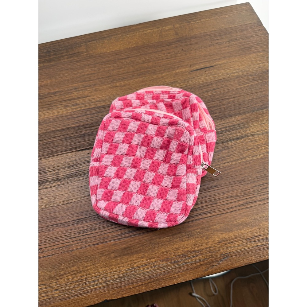 Pink Checkered Knit Cosmetic Bag Set 2 Piece Woven Makeup Pouch Travel Organizer